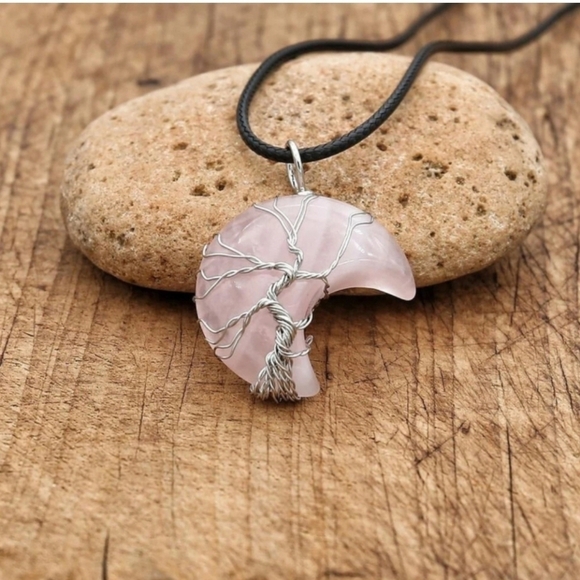 Rose Quartz ✦ Moon Crystal Necklace ✦ Wire‑Wrapped Tree of Life Pendant NWT - Picture 6 of 14